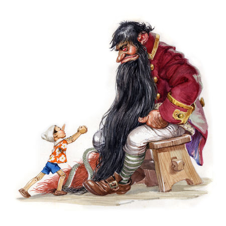 Fototeca Gilardi > Photo set 21858: PINOCCHIO IMPLORES MANGIAFUOCO -  ILLUSTRATION BY LIBICO MARAJA